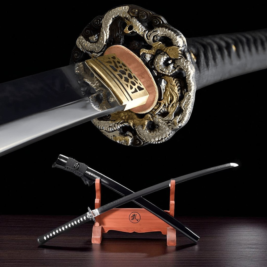 Katana Ouryu (Acciaio T10 Damasco & Hamon Autentico) - vista principale su supporto