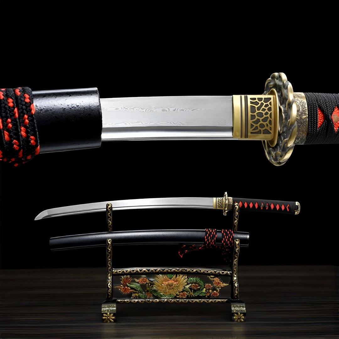 Wakizashi Shinku (Acciaio Damasco) - vista principale su supporto