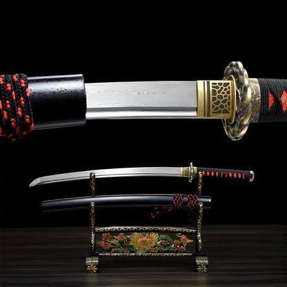 Wakizashi Shinku (Acciaio Damasco) - vista principale su supporto