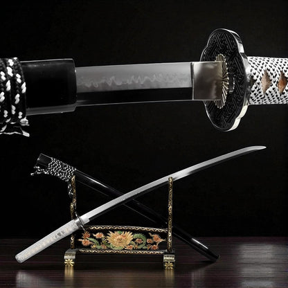 Katana Shirokuro (Acciaio T10 & Hamon) - vista principale su supporto